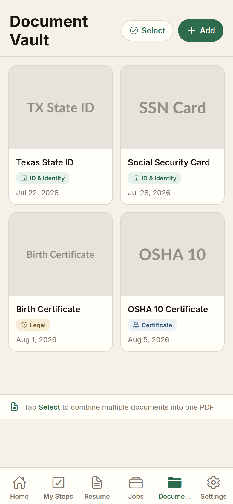 Document Vault in the Free and Forward app holding a state ID, Social Security card, birth certificate and OSHA 10 certificate