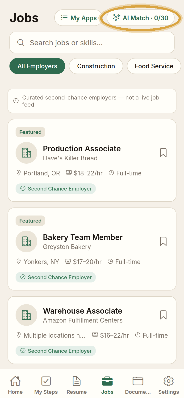 The job board screen with the AI Match counter circled in the top right corner, reading AI Match 0 of 30