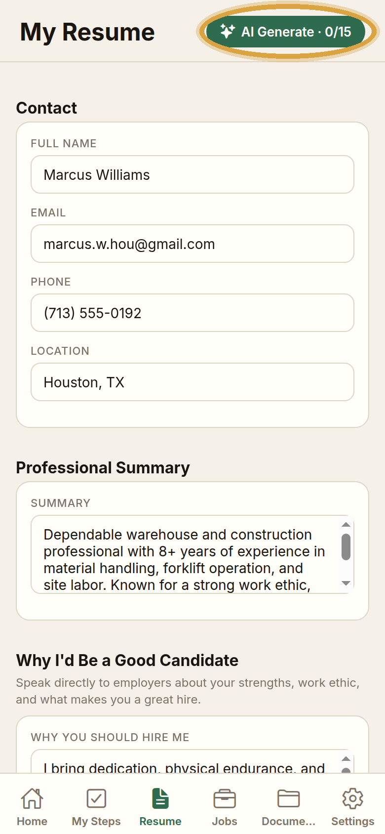 The resume builder screen with the AI Generate button circled in the top right corner, reading AI Generate 0 of 15