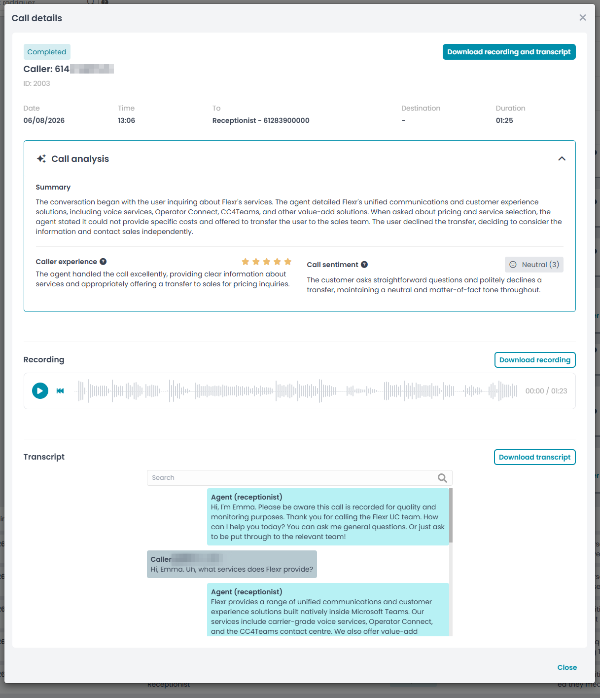 Call details — AI summary, caller experience rating, sentiment, recording and transcript