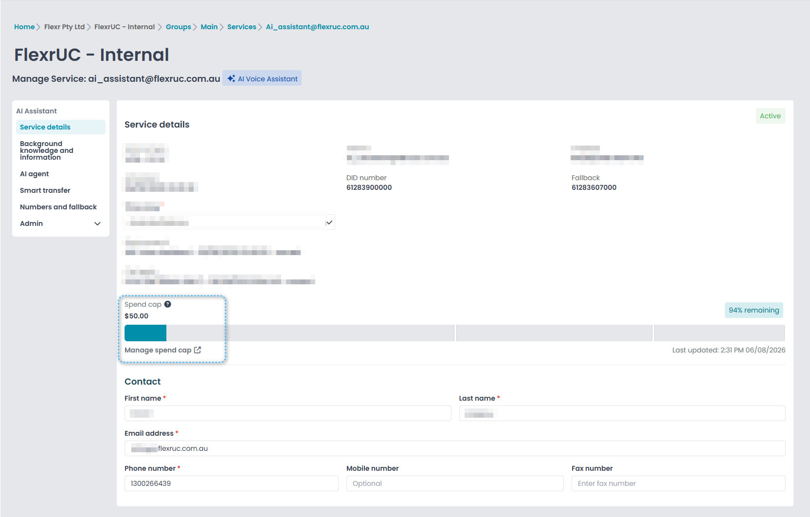 Service details — spend cap and remaining balance