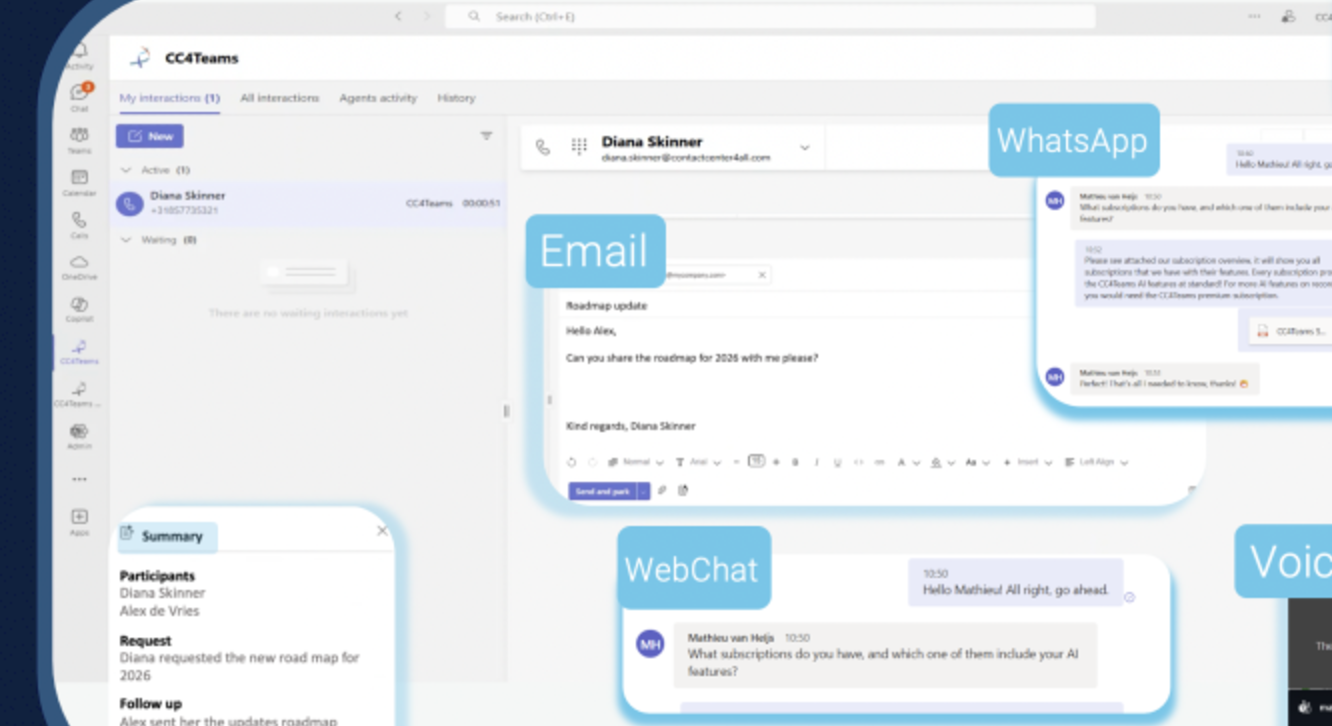 Contact centre agent workspace handling voice, email and chat in Microsoft Teams