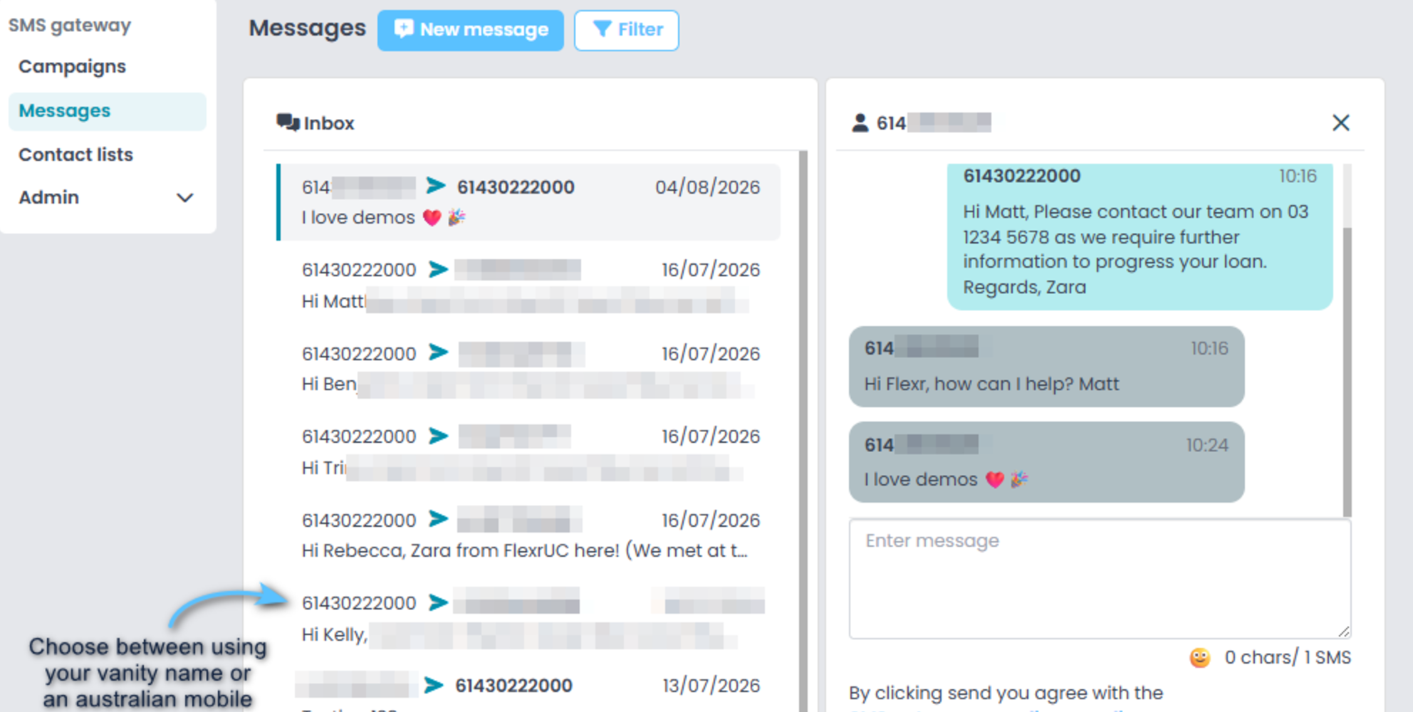 SMS Gateway portal with two-way business messaging