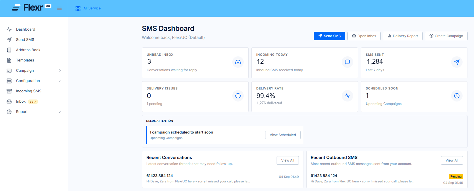 SMS Gateway portal dashboard — campaign summaries, quick links and delivery reporting
