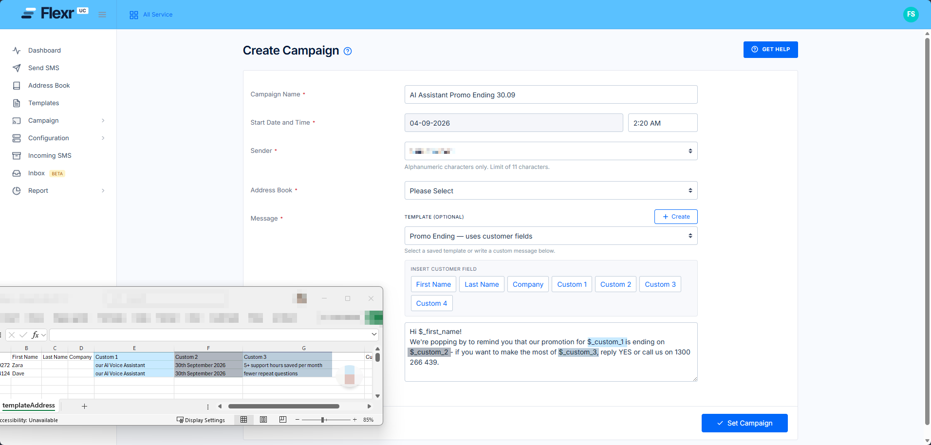 Create Campaign screen with template, insert customer field buttons and a personalised message body