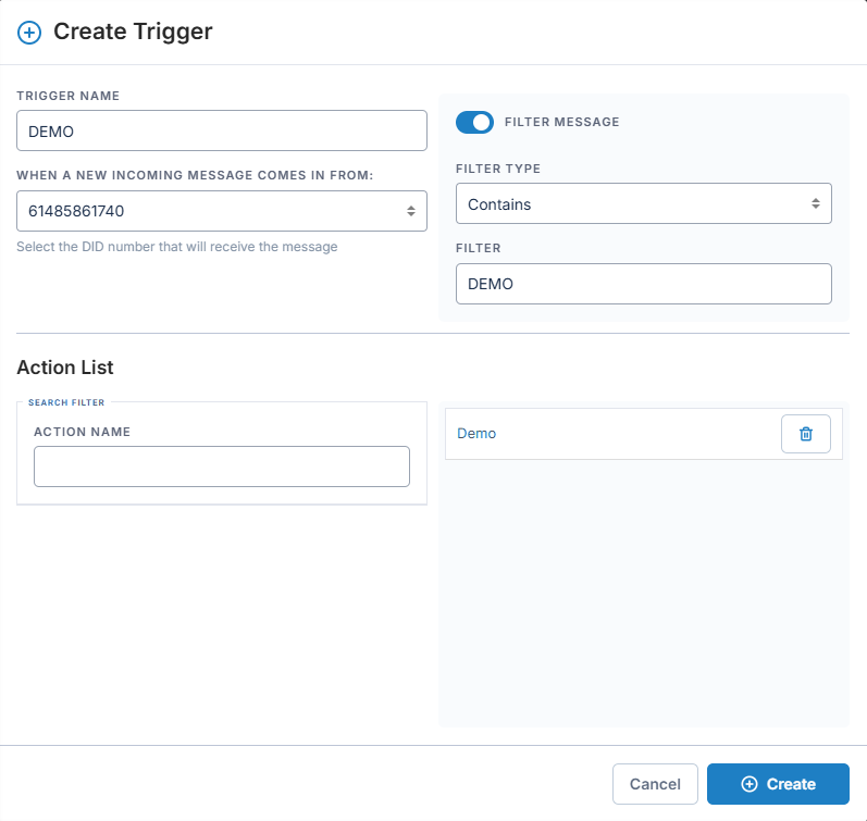 Create Trigger dialog with message filter and action list