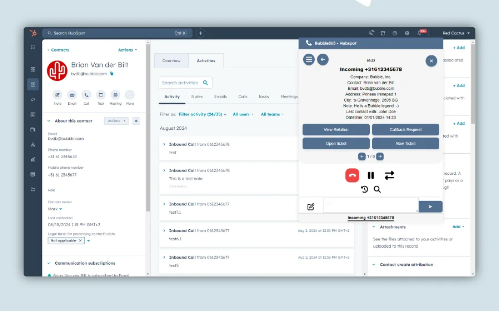 RedCactus screen pop showing a customer record over a CRM