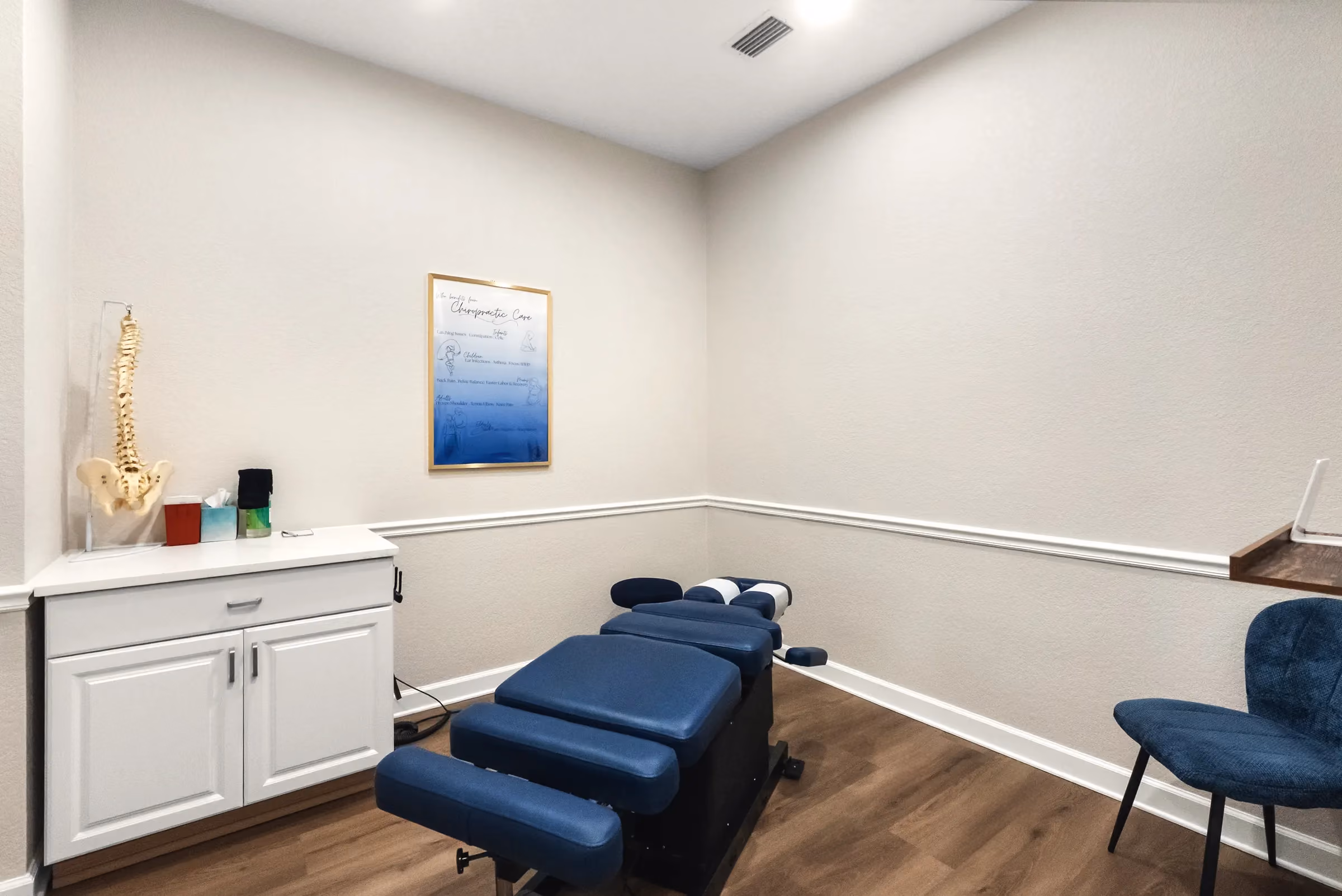 Chiropractic adjusting room at the Stuart office