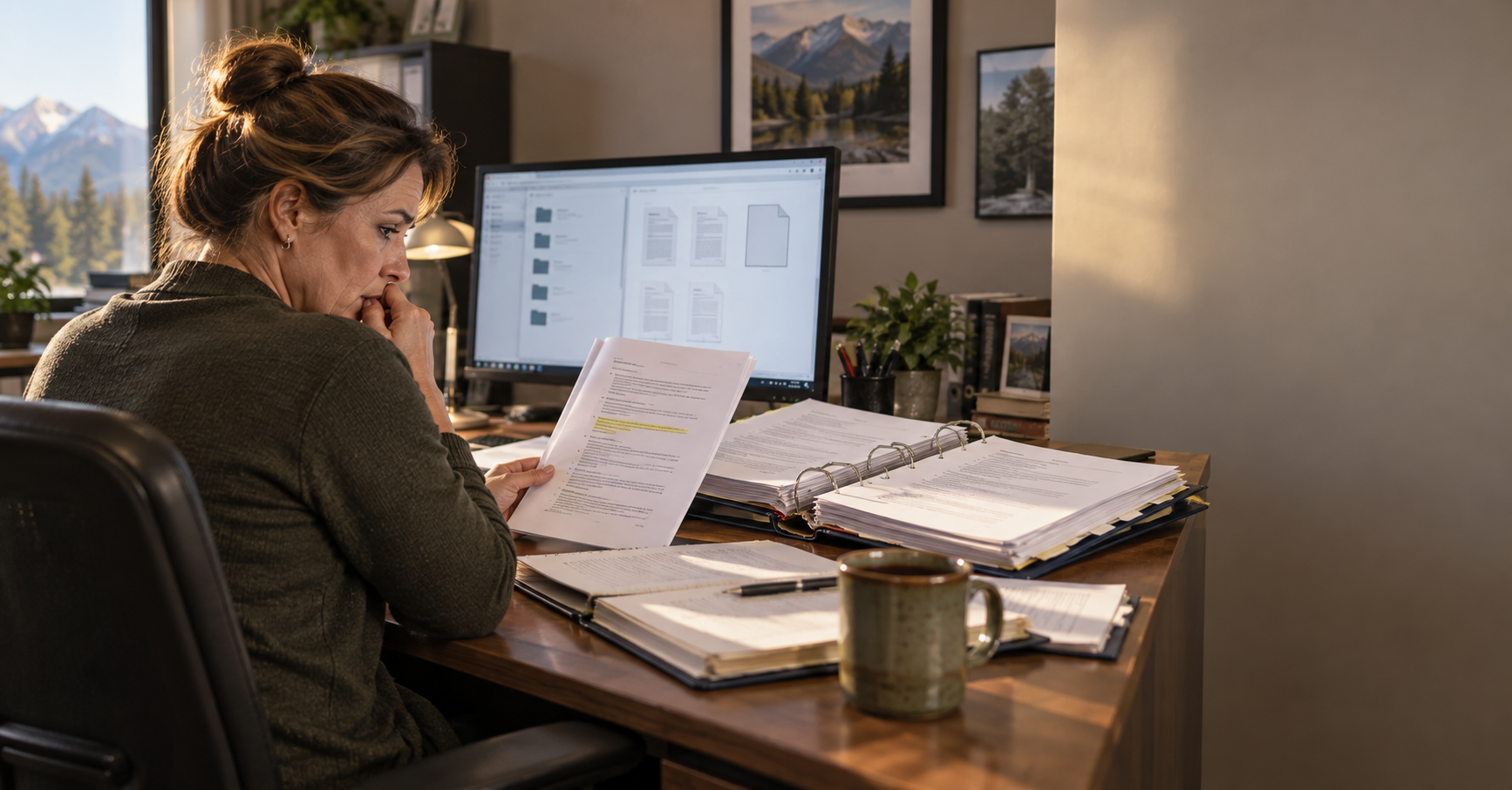 A woman at her desk reviewing meeting documents beside an open binder and computer.