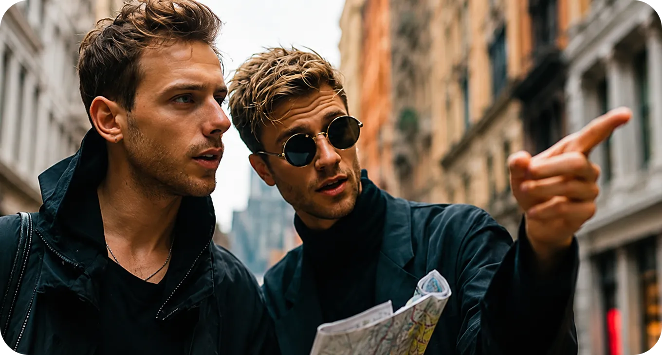 Guys on a New York street, one is pointing ahead.