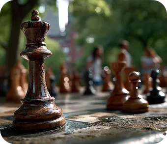 Close-up of a wooden king chess piece on a chessboard with blurred background pieces and players.