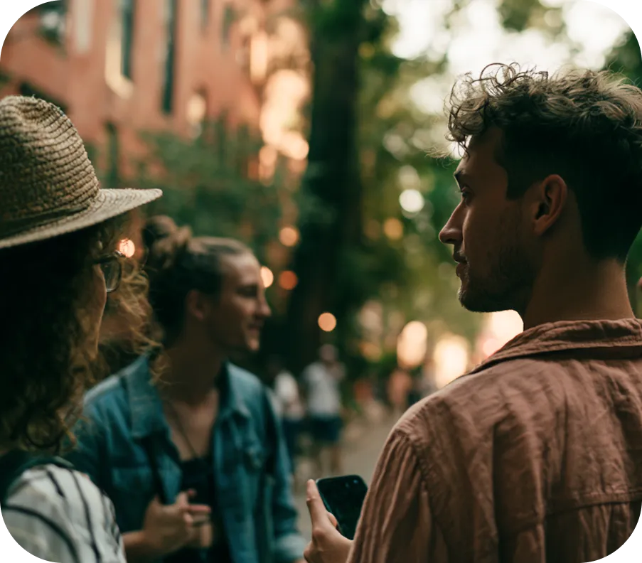 Three young adults outdoors, one man holding a phone, engaged in conversation on a city street.