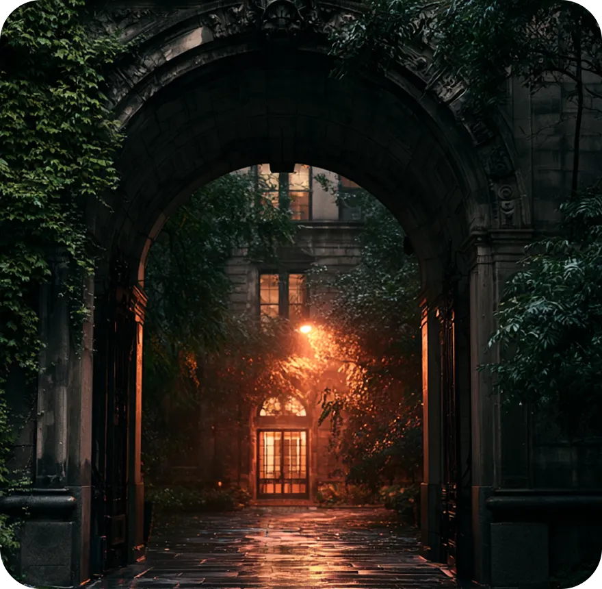 Dimly lit stone archway entrance to a building with wet pavement and surrounding greenery.