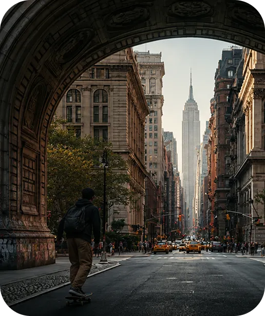 Skateboarder passing under arch with city street and Empire State Building in the background.