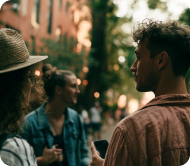 Group of young adults talking outdoors in an urban setting during daytime.