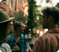 Group of young adults talking outdoors in an urban setting during daytime.