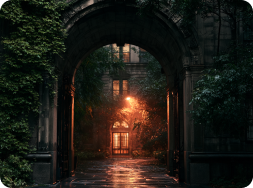 Dimly lit stone archway with glowing light and wet pavement at night in a lush garden.