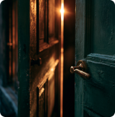 Partially open dark wooden doors with warm light shining through the gap between them.