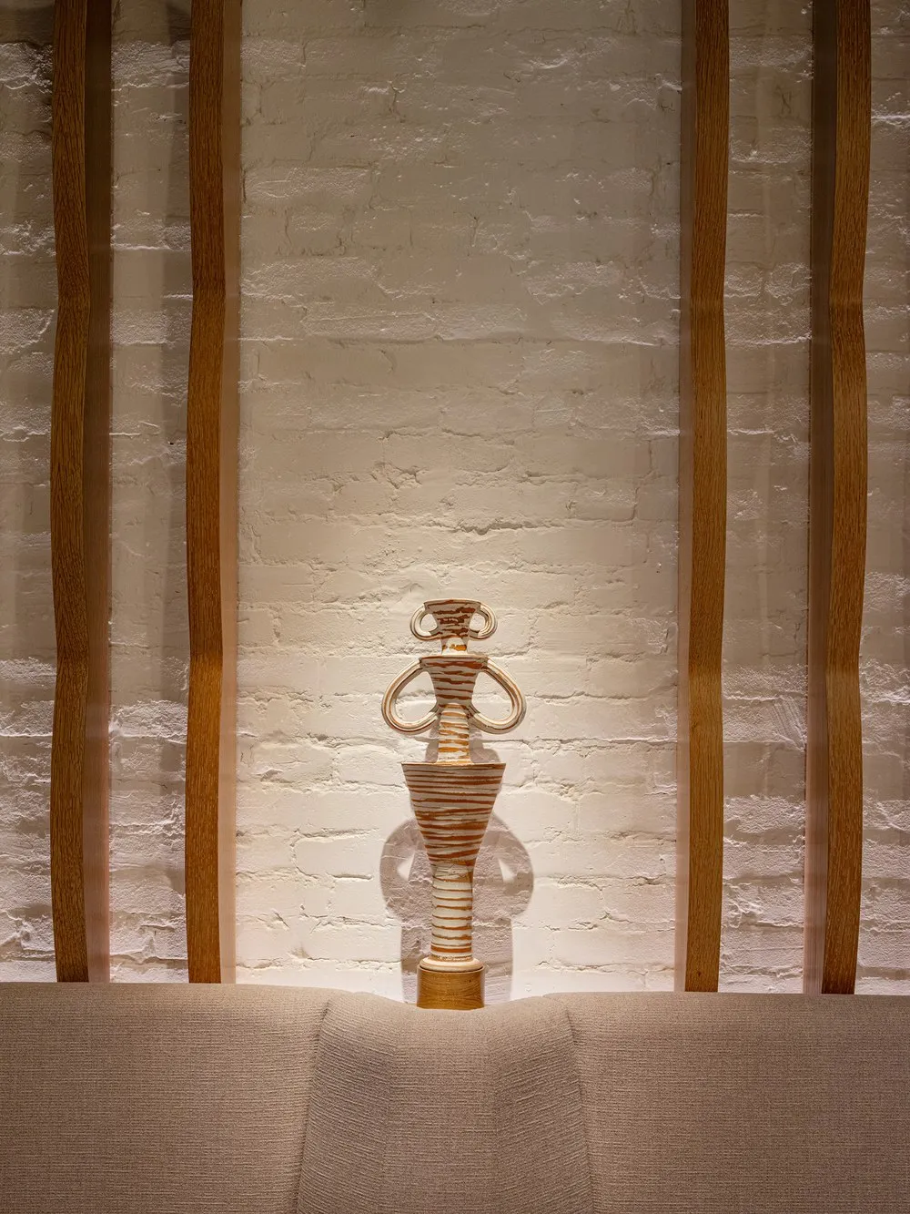 Decorative amphora vessel displayed inside Amphora, a fine dining restaurant in Manhattan’s Flatiron District inspired by the history of wine.