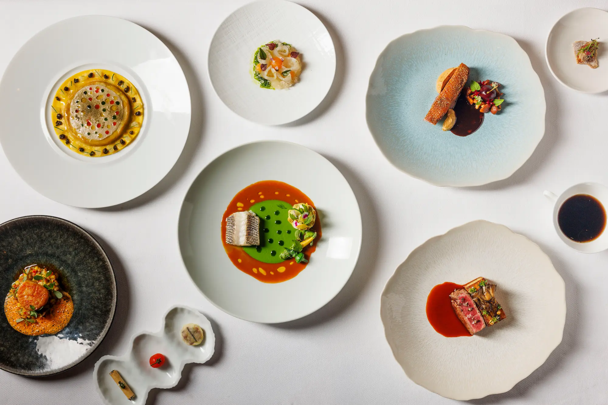 Chef’s tasting menu featuring multiple seasonal courses at Amphora, a fine dining restaurant in Manhattan’s Flatiron District.