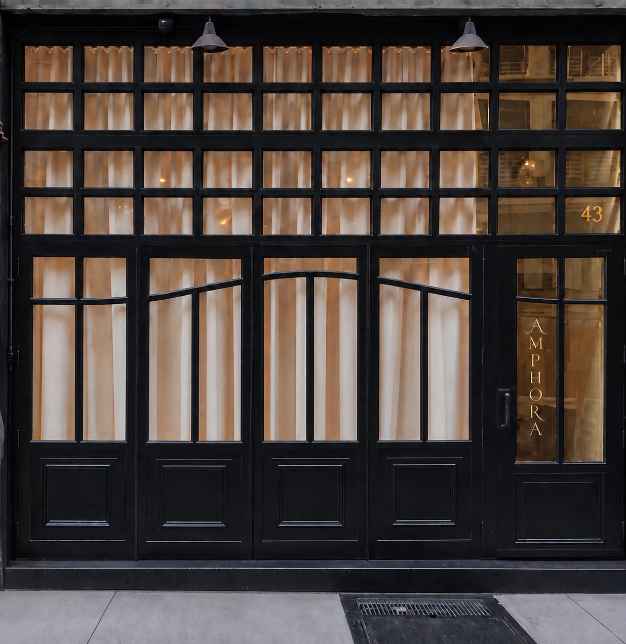 Front entrance of Amphora restaurant at 43 East 20th Street in Manhattan’s Flatiron District, New York City.
