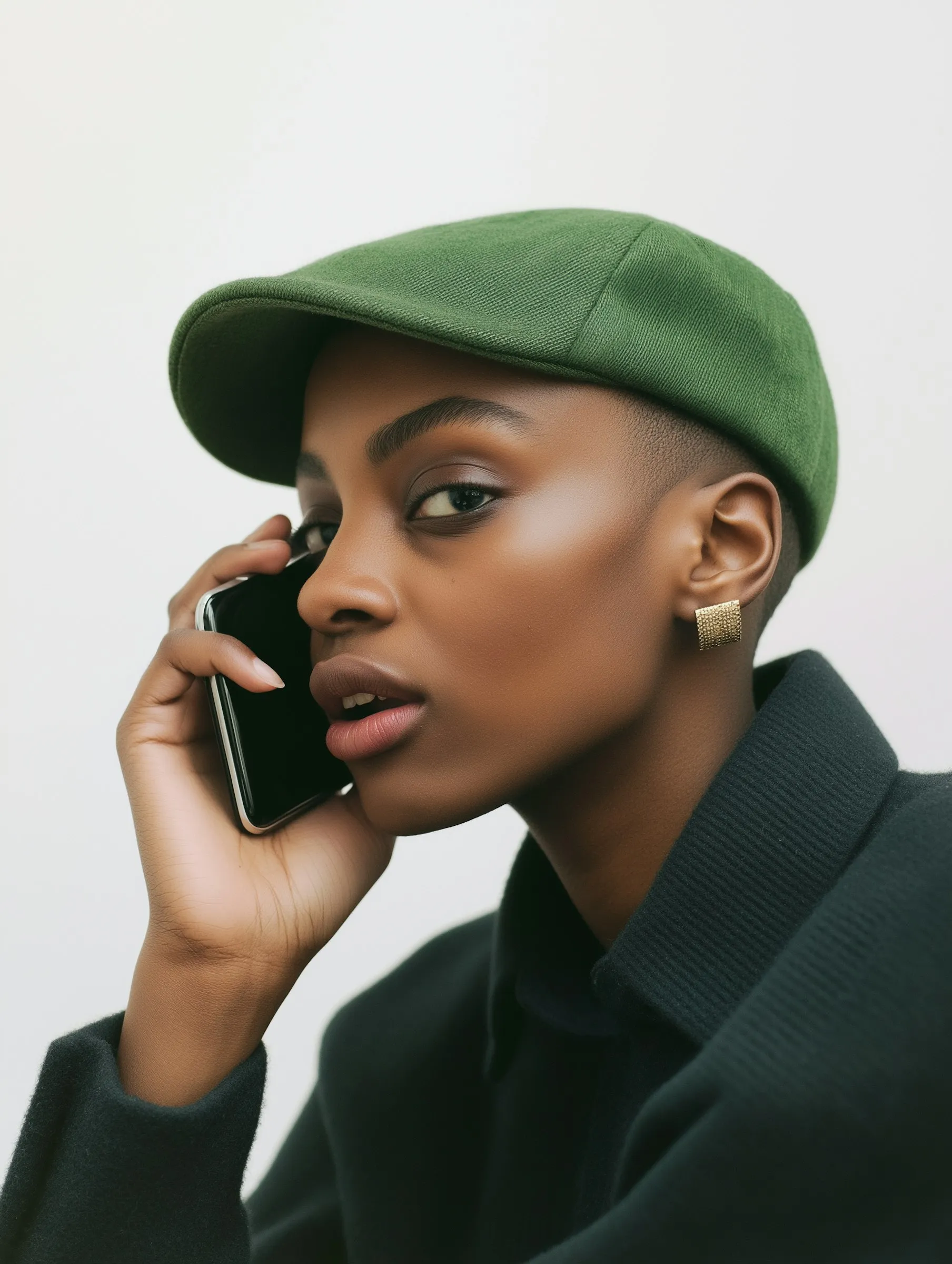 A woman in a green hat talking on a cell phone.