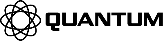 Quantum company logo with a stylized atomic model on the left and bold text on the right.