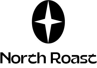 Black oval with star-shaped cutout above the text 'North Roast' in bold black font.