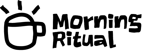 Black line drawing of a steaming coffee cup next to the text Morning Ritual in a playful font.