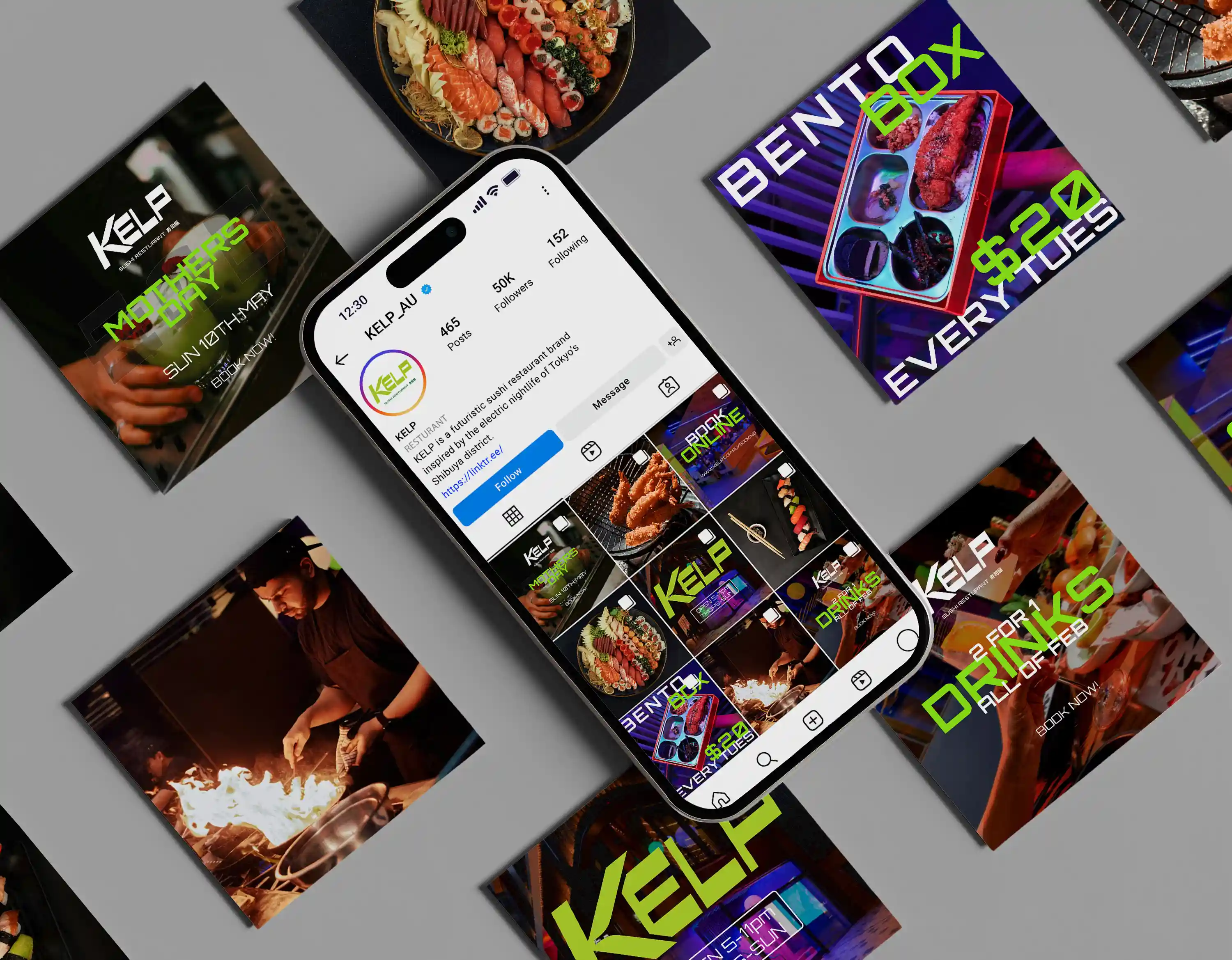 Smartphone showing KELP sushi restaurant Instagram profile surrounded by promotional food and drink images.