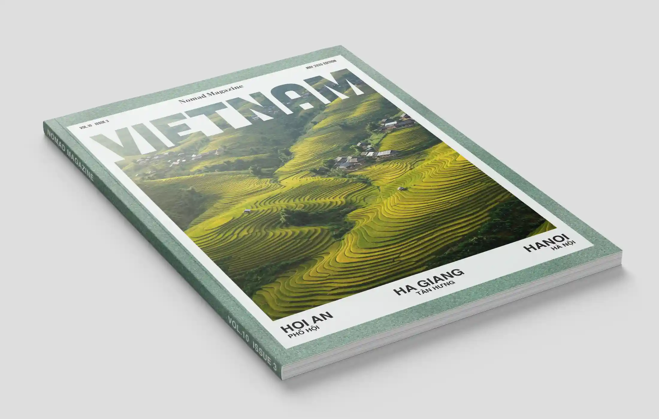 Nomad Magazine cover showing aerial view of terraced rice fields in Vietnam with locations Hanoi, Ha Giang, Hoi An.