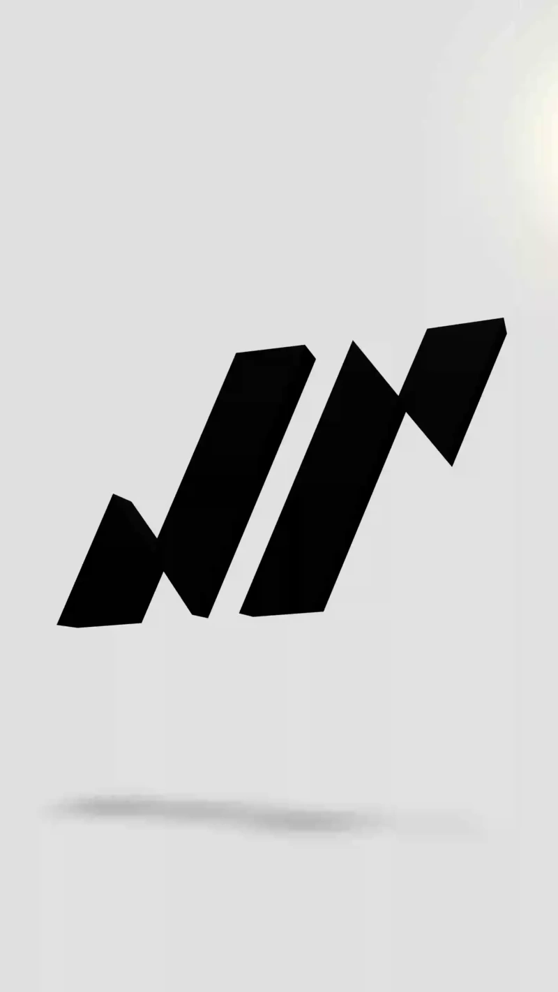 Black stylized double arrows pointing down-left and up-right on gray background with shadow below.