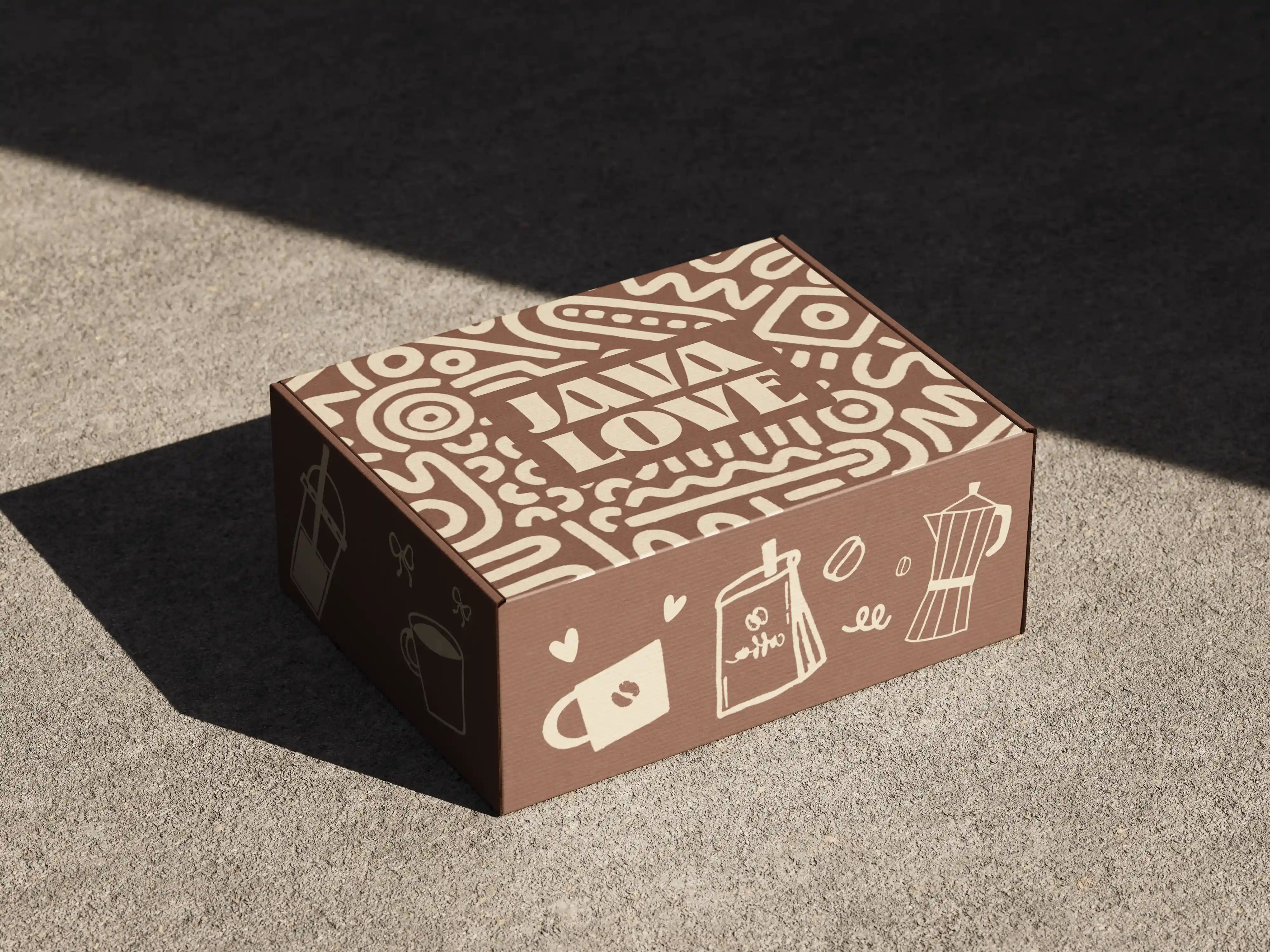 Brown box with cream abstract patterns and coffee-related illustrations including cup, coffee filter, and pot.