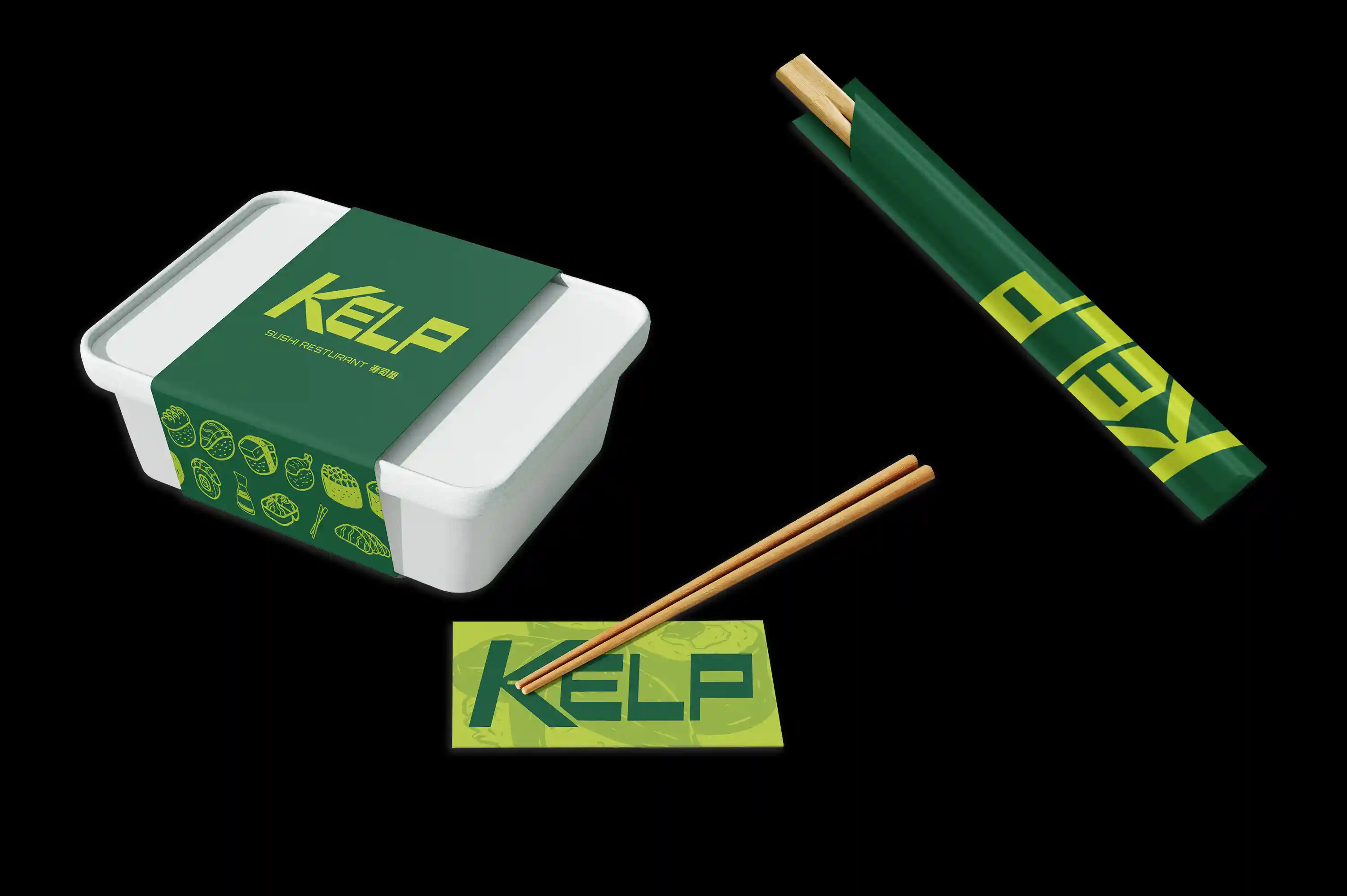 Sushi takeout box, chopsticks, and chopstick holder with green KELP branding on black background.
