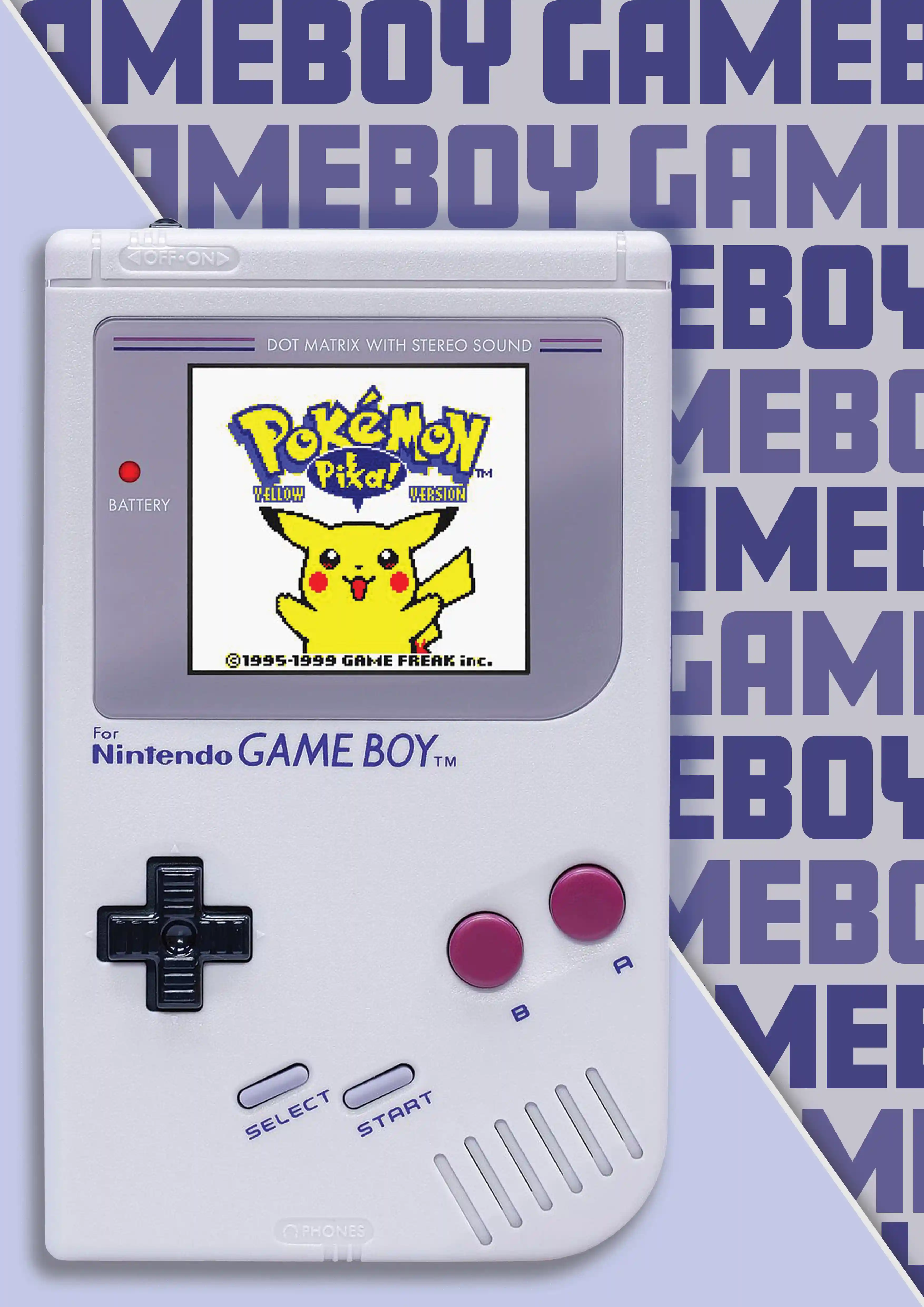 Classic Nintendo Game Boy showing Pokémon Yellow version with Pikachu on screen.