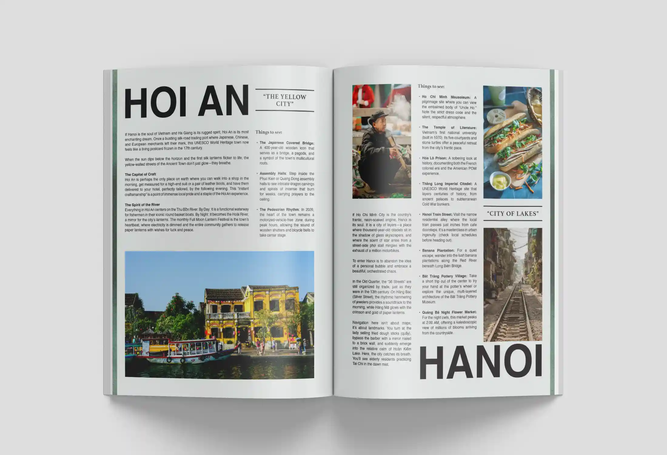 Open magazine spread featuring travel articles on Hoi An and Hanoi with photos of scenery, food, and streets.