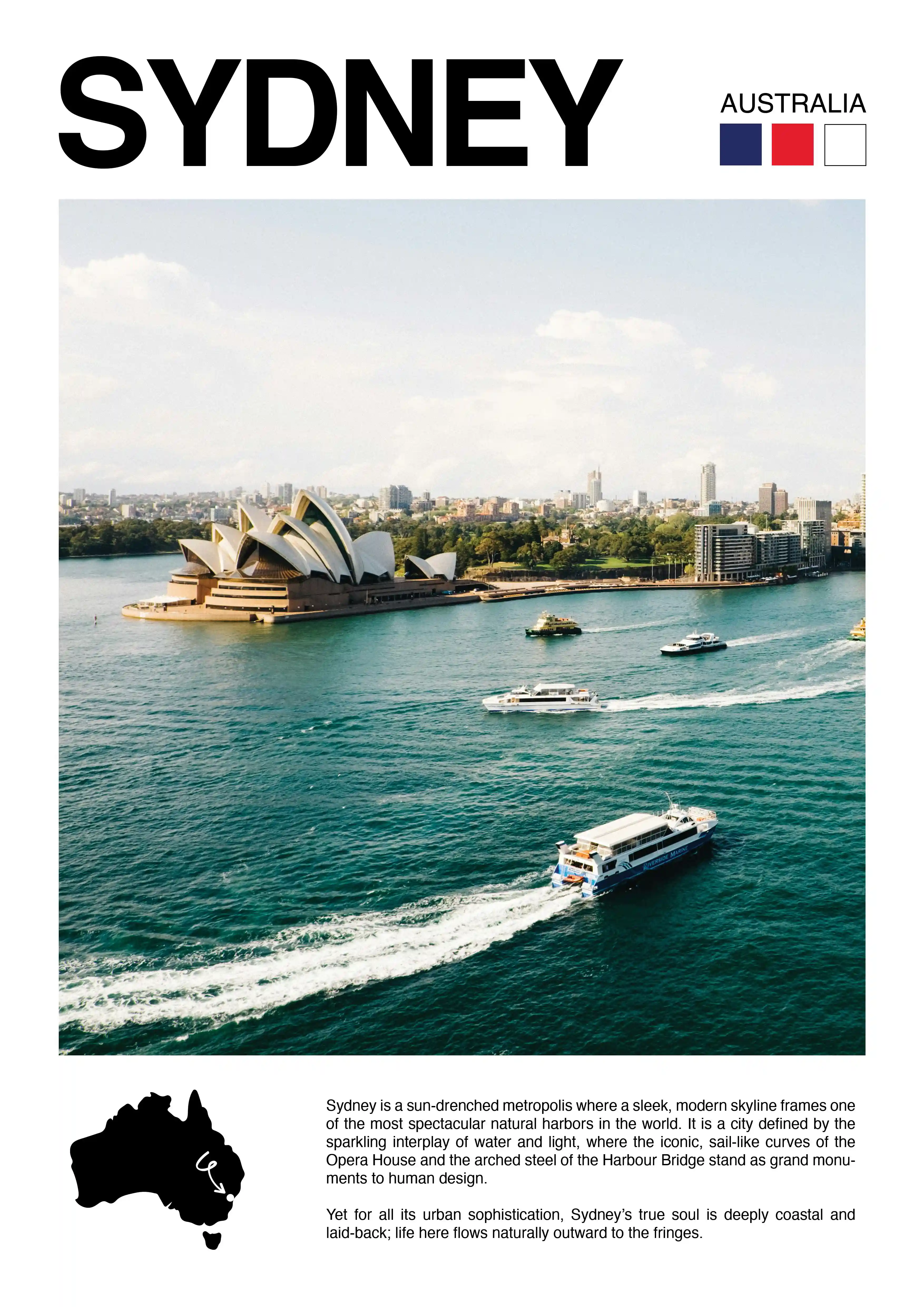 Sydney Opera House by water with boats in harbor and city skyline in the background.