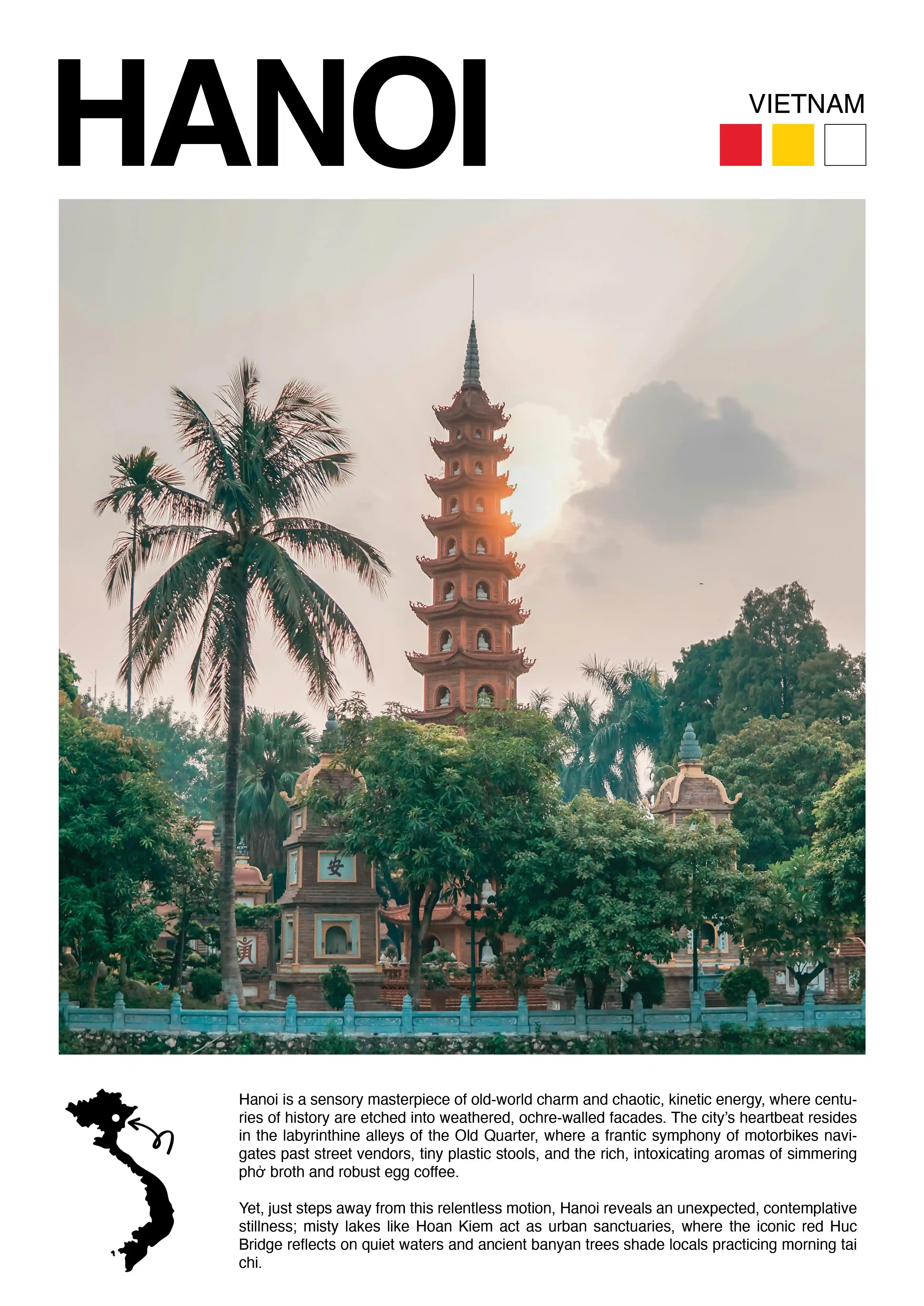 Tall pagoda among trees with a sunlit sky and palm trees in Hanoi, Vietnam.