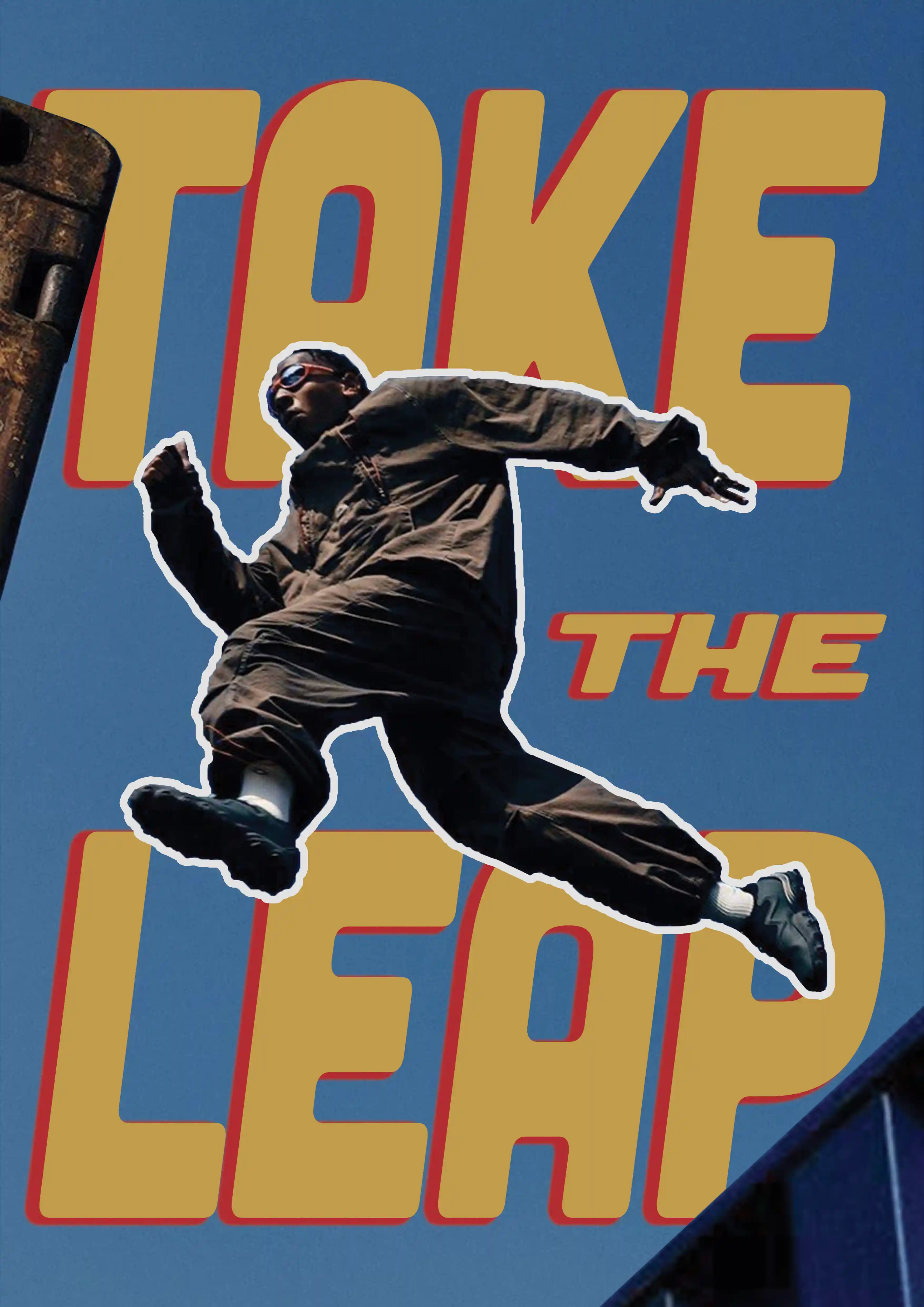 Person in dark clothes and sunglasses mid-jump against a blue sky with large text 'Take the Leap'.