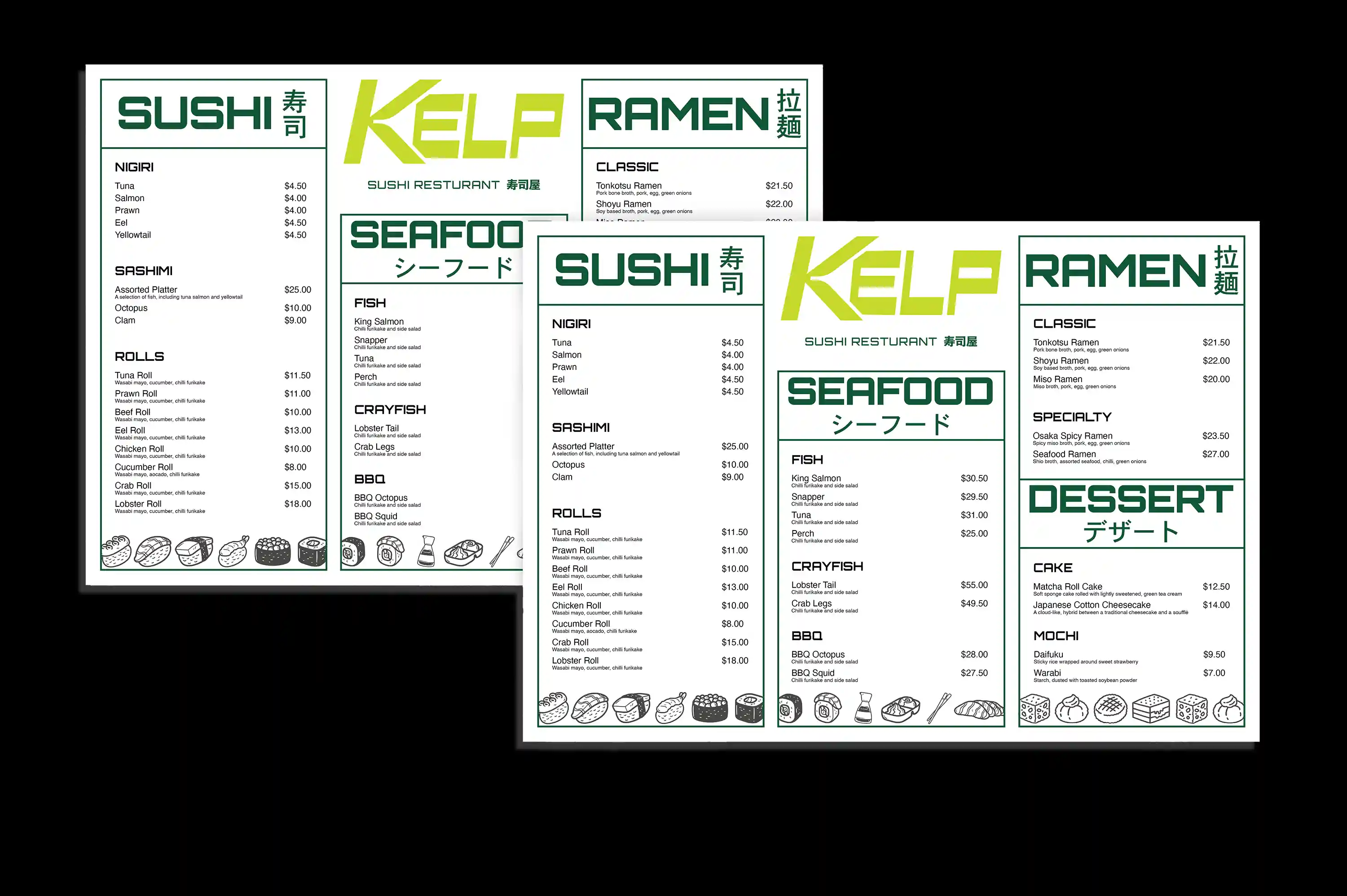 Kelp Sushi restaurant menu featuring sushi, seafood, ramen, and dessert options with prices and illustrations.