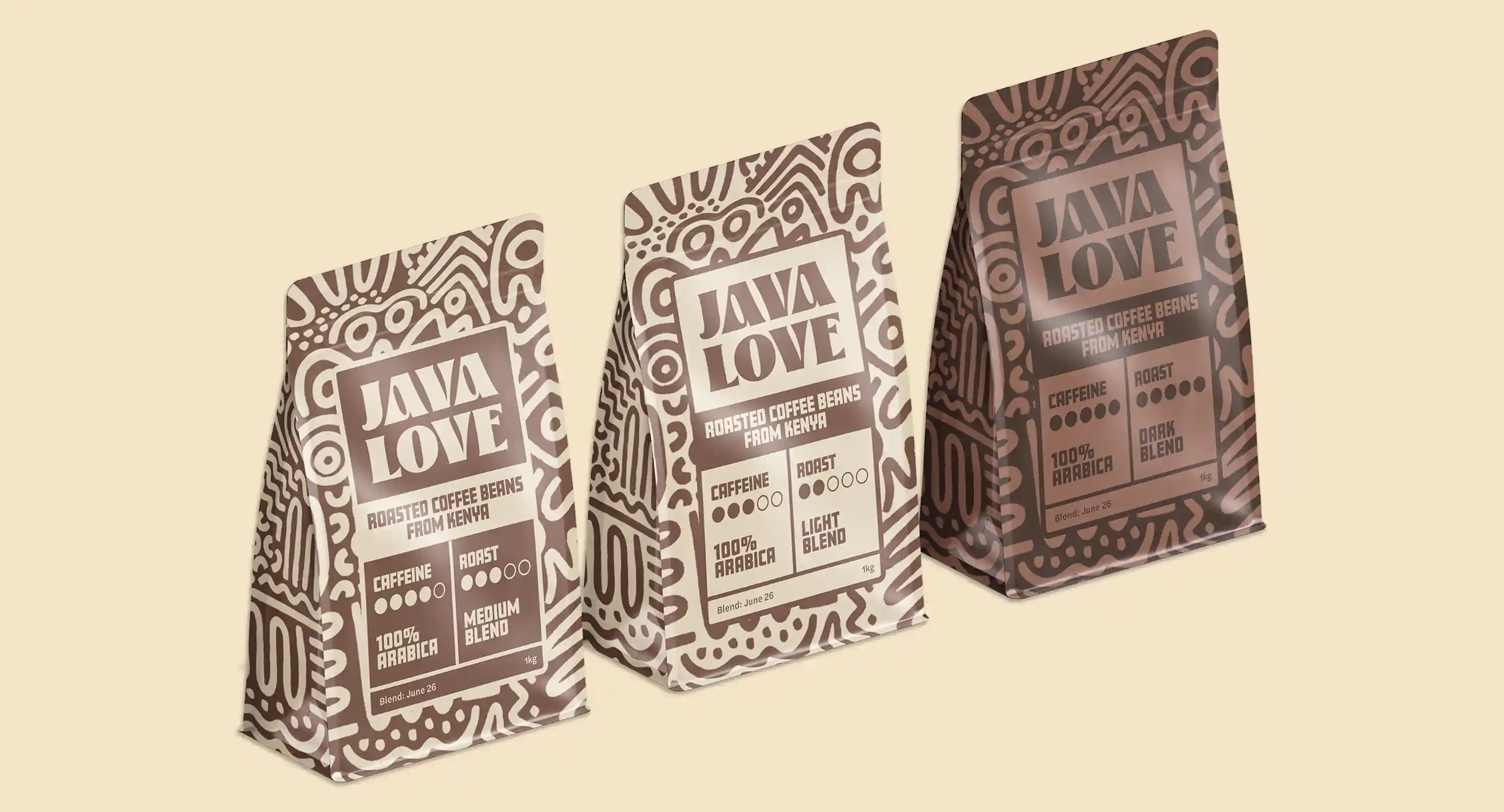Three Java Love coffee bags with varying roast levels: medium, light, and dark blends from Kenya.