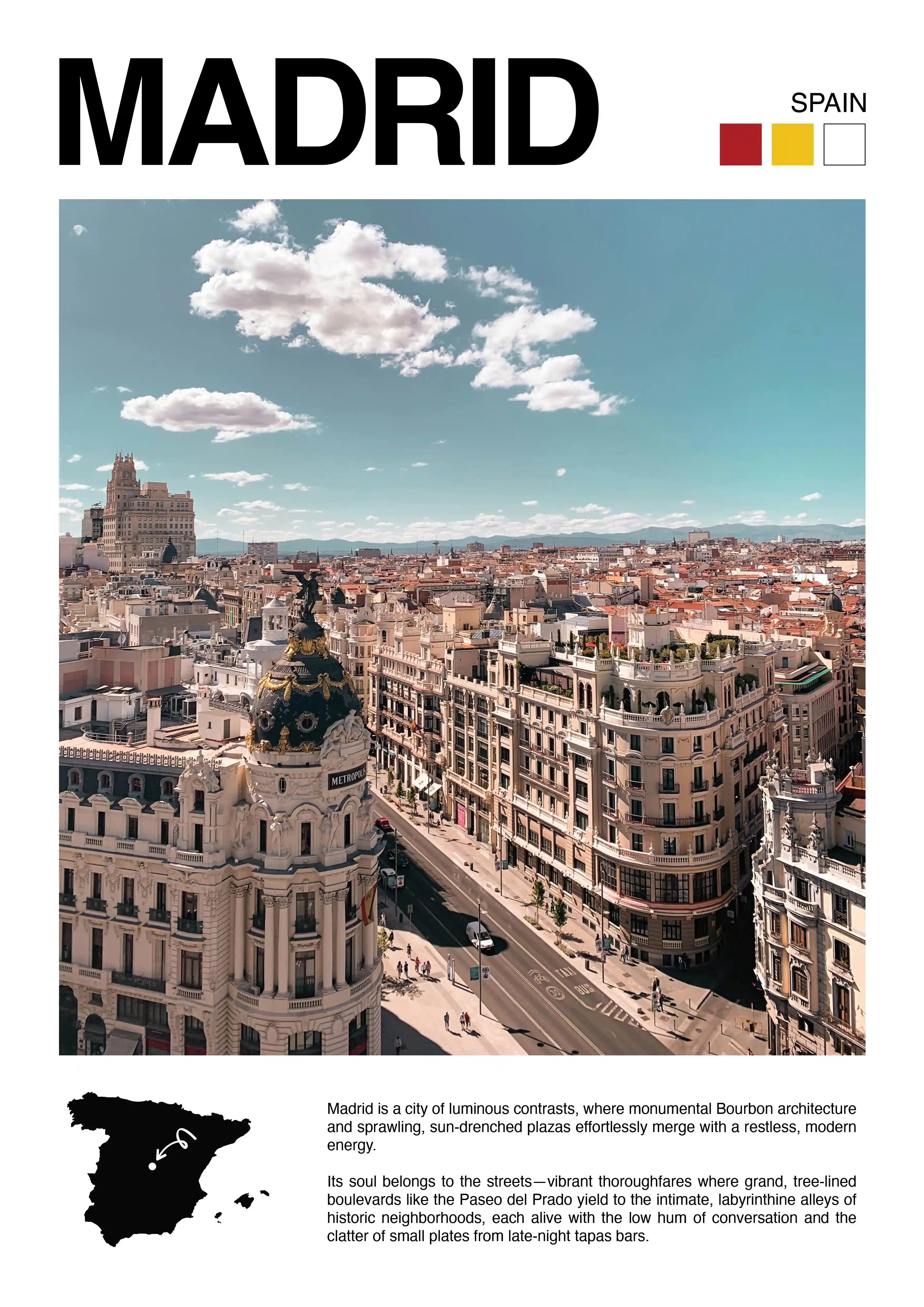 Aerial view of Madrid showing historic buildings, streets, and a blue sky with clouds.