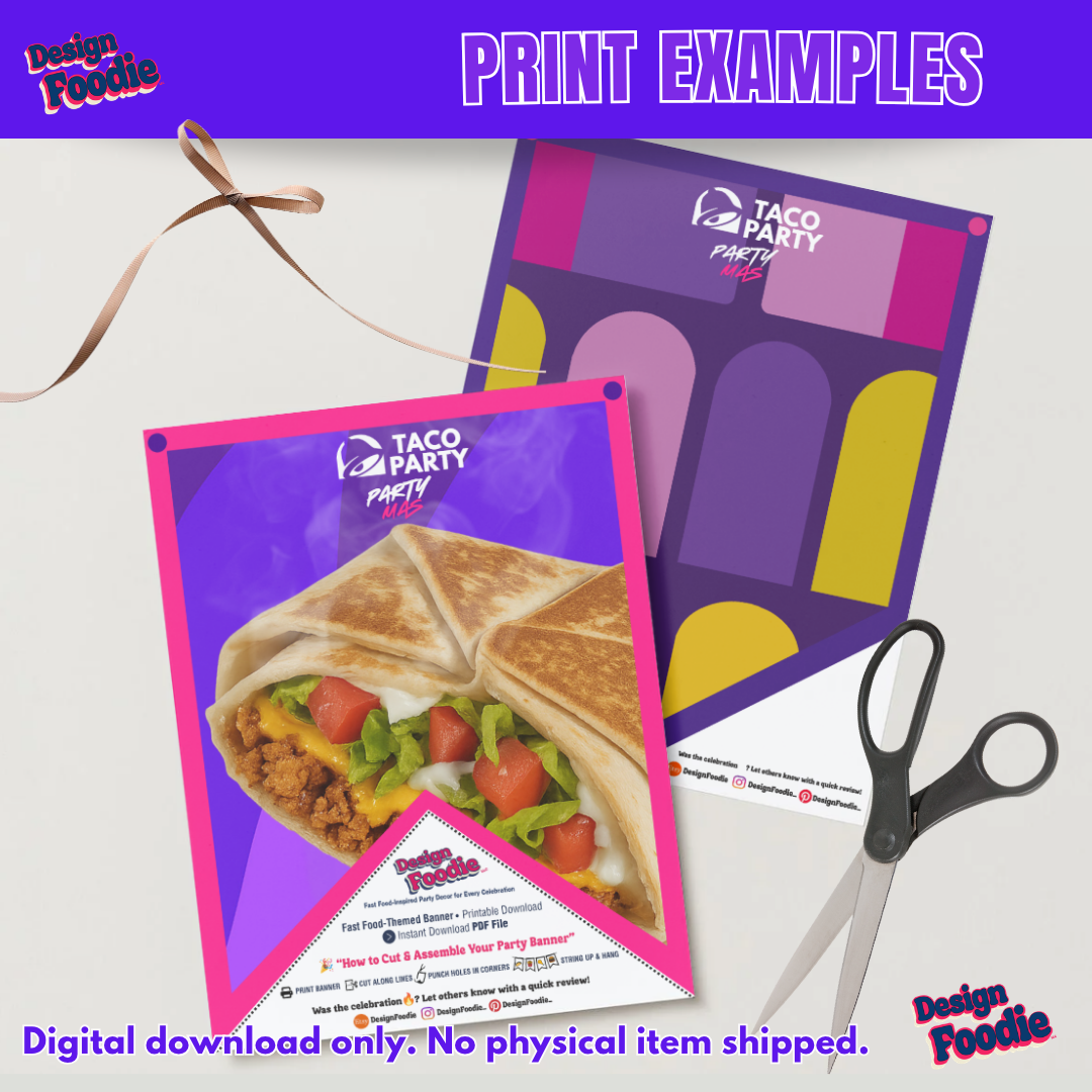 Printed party banner examples photographed with scissors and ribbon, showing how the digital file is finished at home