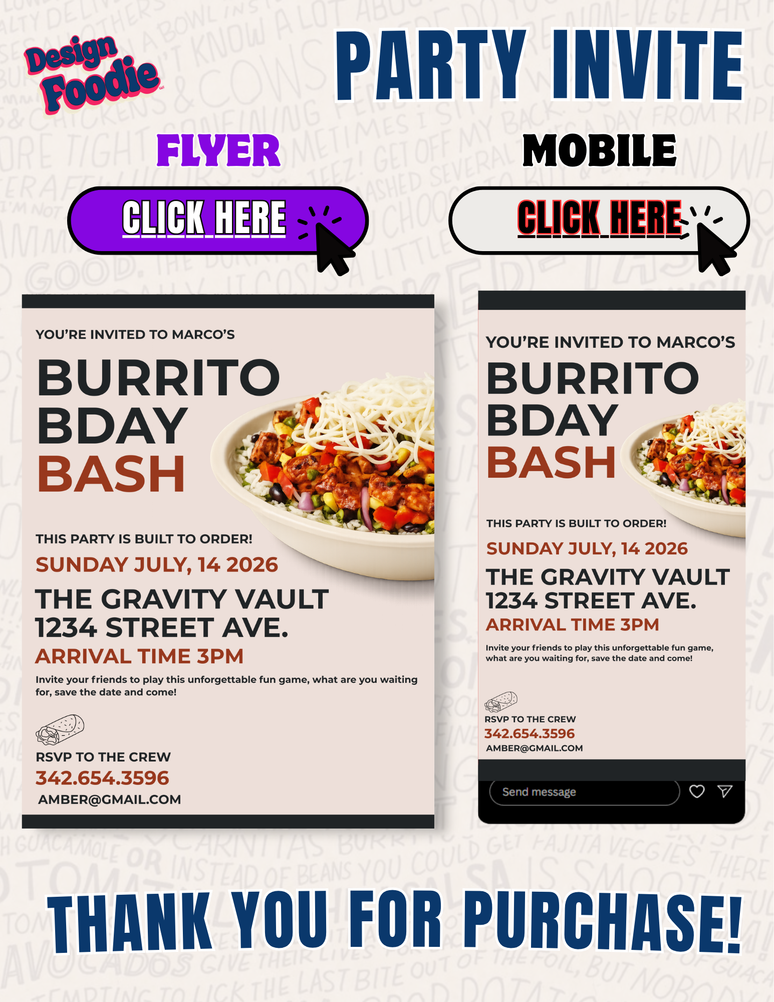 Chipotle party invitation from the same master template, showing the system carried into a second brand world