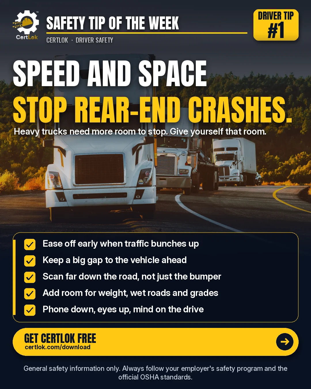 CertLok Driver Safety Tip #1 graphic: Speed and Space Stop Rear-End Crashes. Checklist: Ease off early when traffic starts to bunch up; Keep a big gap to the vehicle ahead, and count the seconds; Scan far down the road, not just the bumper in front of you; Add stopping room for weight, wet roads and downhill grades; Phone down, eyes up, mind on the drive.