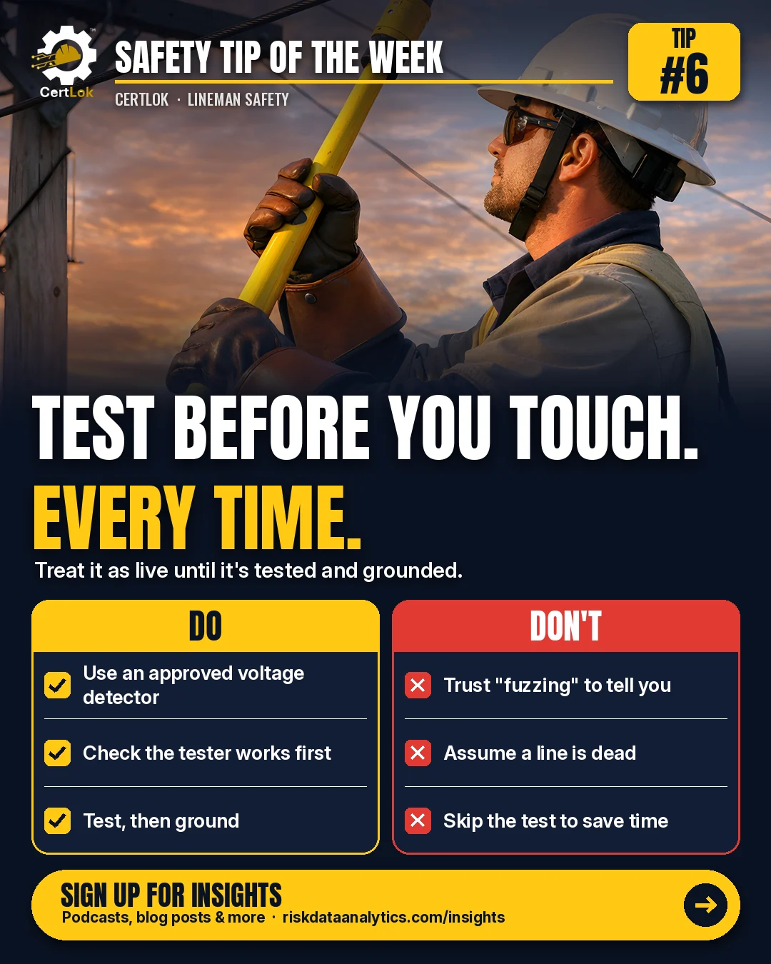 CertLok Lineman Safety Tip #6 graphic: Test for Voltage Before You Touch or Ground. Checklist: Use an approved voltage detector rated for the line; Check that the tester works before and after; Test, then ground. In that order; Don't count on "fuzzing" to tell you a line is dead; Have your certs ready on your phone.