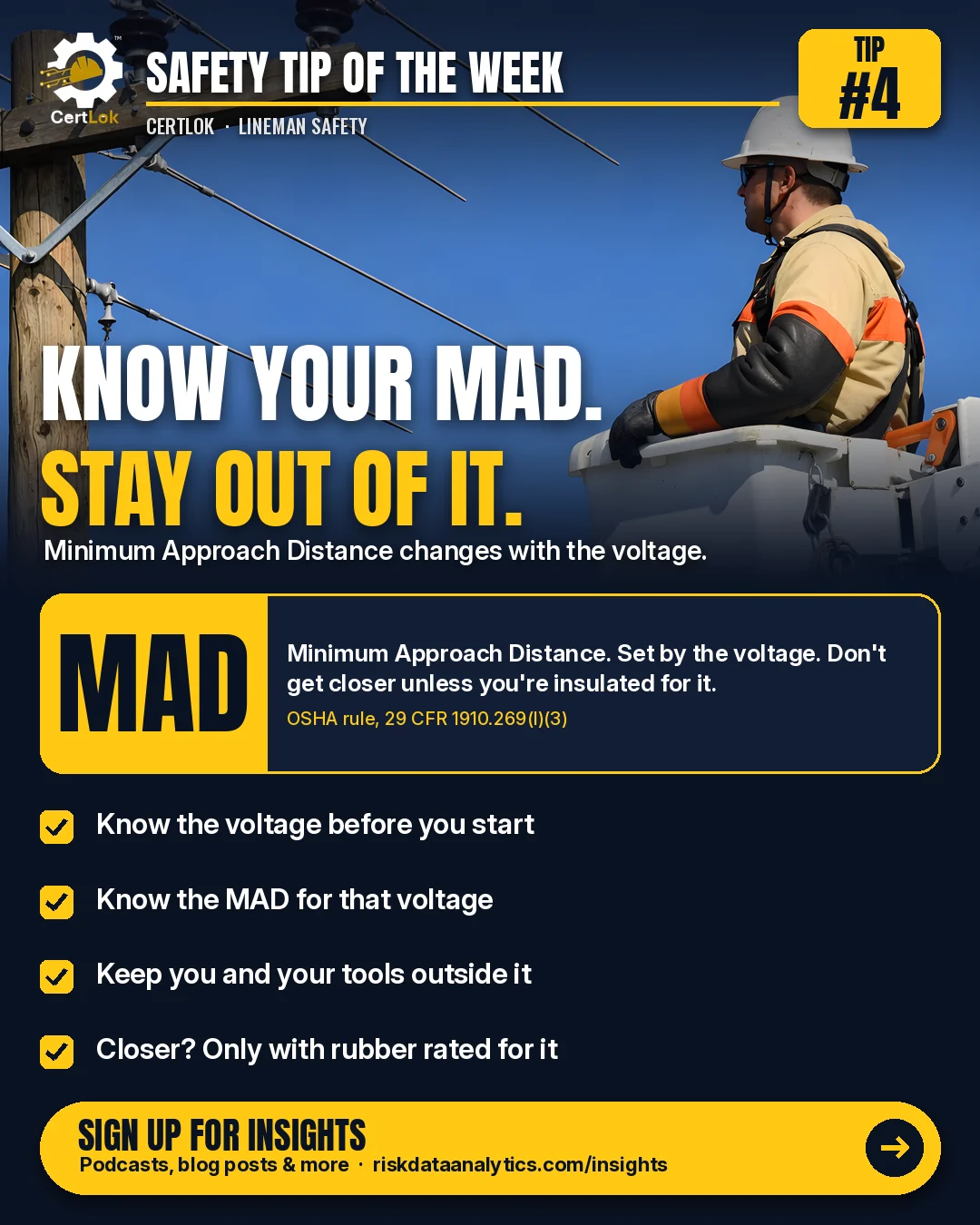 CertLok Lineman Safety Tip #4 graphic: Know Your Minimum Approach Distance and Stay Out of It. Checklist: Know the voltage before you start; Know the MAD for that voltage; Keep yourself and every conductive tool outside it; Getting closer? Only when you're insulated with rubber gear rated for the voltage; Have your certs ready on your phone.