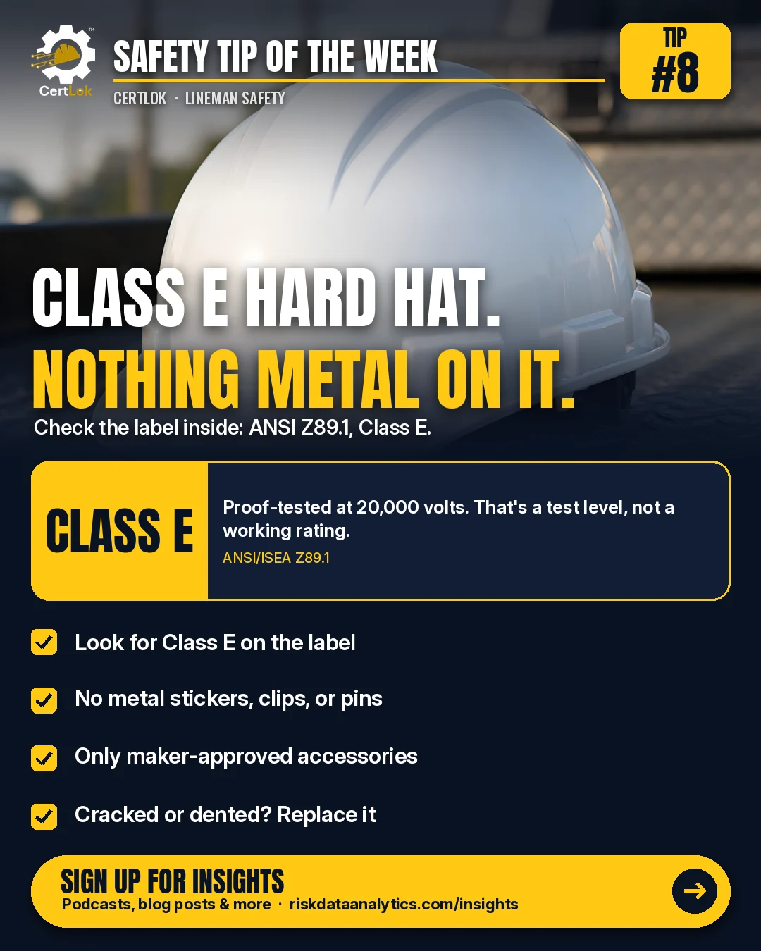 CertLok Lineman Safety Tip #8 graphic: Wear a Class E Hard Hat With Nothing Metal on It. Checklist: Check the label inside for ANSI Z89.1, Class E; No metal stickers, metal clips, or metal pins; Use only accessories the maker approves; Cracked, dented, or chalky? Replace it; Have your certs ready on your phone.