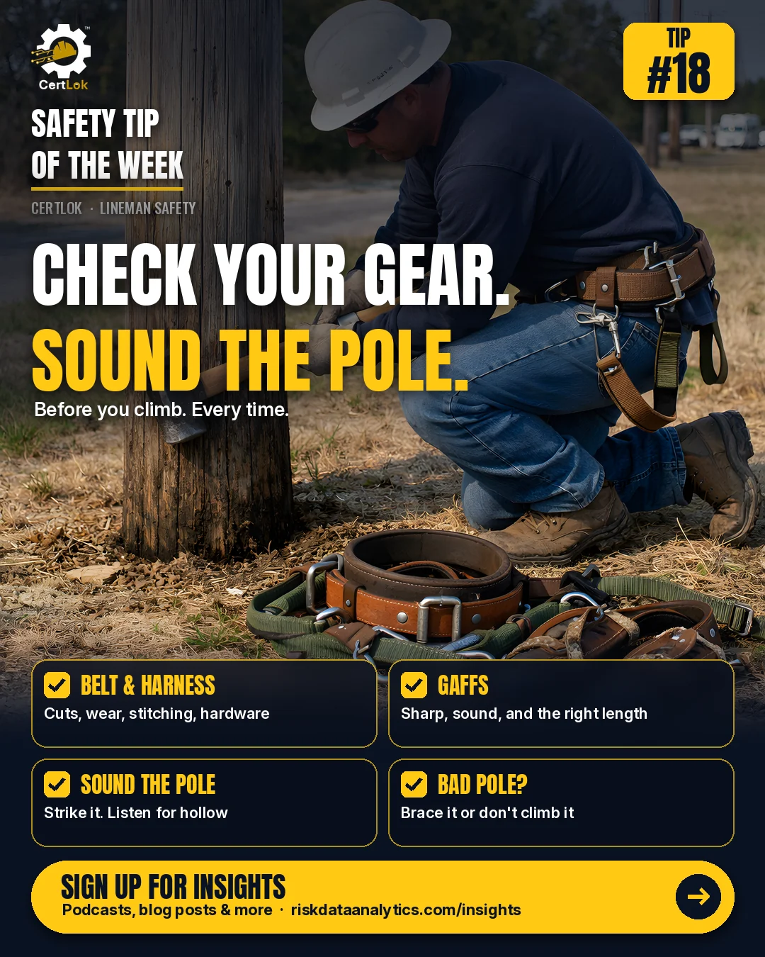 CertLok Lineman Safety Tip #18 graphic: Inspect Climbing Gear and Sound the Pole Before You Climb. Checklist: Check your belt and harness for cuts, wear, bad stitching, and bad hardware; Check your gaffs: sharp, sound, and the right length; Sound the pole with a hammer and listen for a hollow sound; Bad pole? Brace it or don't climb it; Have your certs ready on your phone.