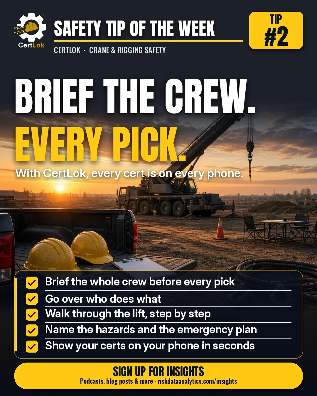 CertLok Crane Operator Safety Tip #2: Brief the crew. Every pick. Hard hats and a clipboard on a truck tailgate near a crane at sunrise, with a five-step pre-lift checklist.